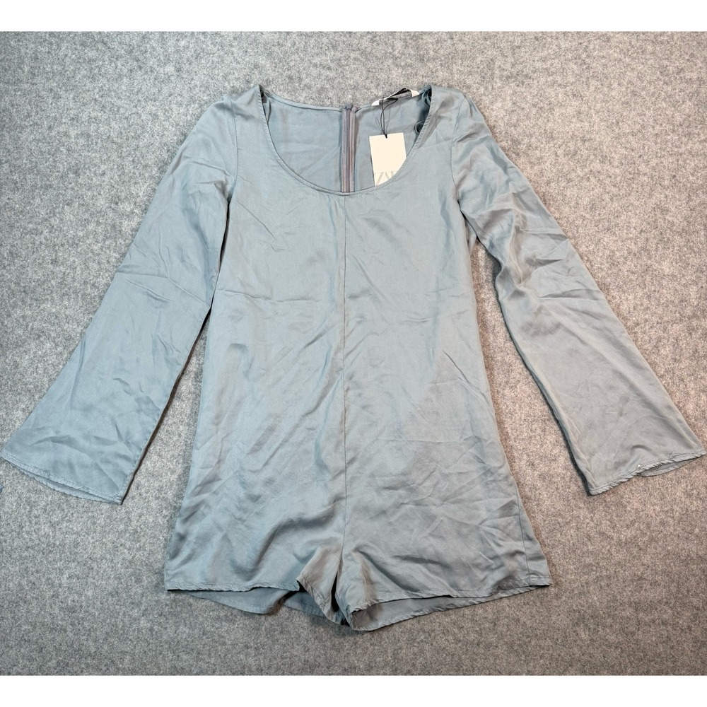 Zara Womens Long Bell Sleeve Romper Blue Grey Scoop Neck NWT Size Small